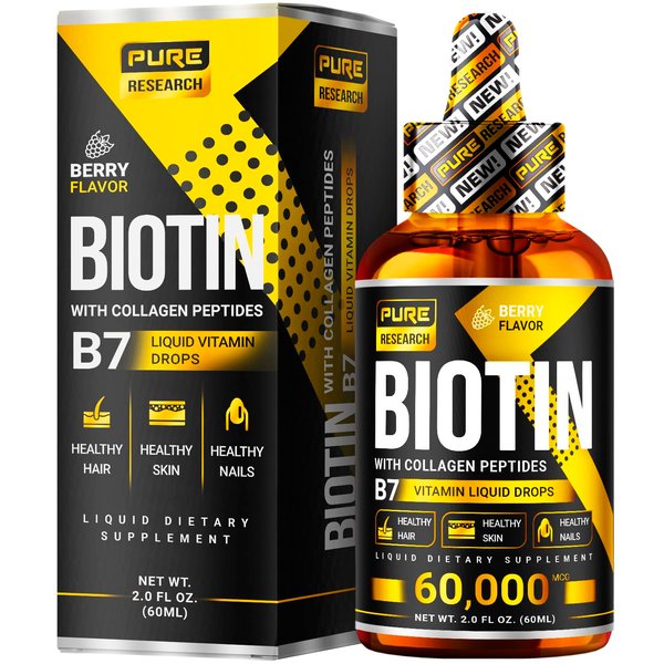 Liquid Biotin & Collagen Hair Growth Drops 60,000mcg – Biotin and Liquid Collagen Supplements for Women & Men – Supports Glowing Skin, Healthy Hair & Nail Growth (2Fl Oz)