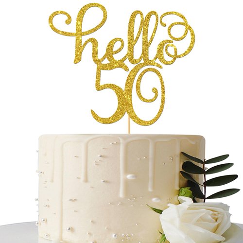 Hello 50 Cake Topper - 50th Birthday / 50th Wedding Anniversary/Fifty Sign Party Decorations Gold Glitter