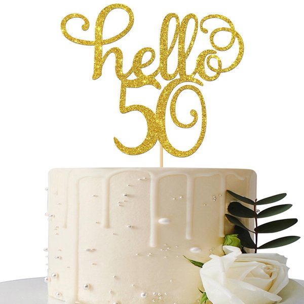 Hello 50 Cake Topper - 50th Birthday / 50th Wedding Anniversary/Fifty Sign Party Decorations Gold Glitter