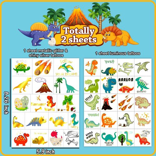Leesgel Dinosaur Temporary Tattoos for Kids, Dinosaur Stickers, Dinosaur Birthday Party Supplies Decorations (37 Styles Glow + Metallic Glitter)