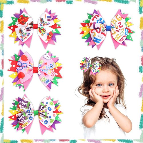 Estivaux 4 PCS Welcome Back to School Hair Bows for Girls, Apple Pencil Hair Clips Purple Pink Grosgrain Ribbon Bows First Day of School Hair Accessories for Girls Kindergarten Party Favor Supplies
