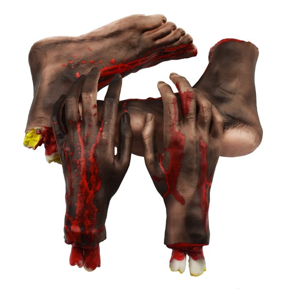 XONOR Halloween Severed Hands Feet Set Scary Bloody Broken Body Parts Halloween Props Decorations, 4 Pieces(Feet & Hands) (Black)
