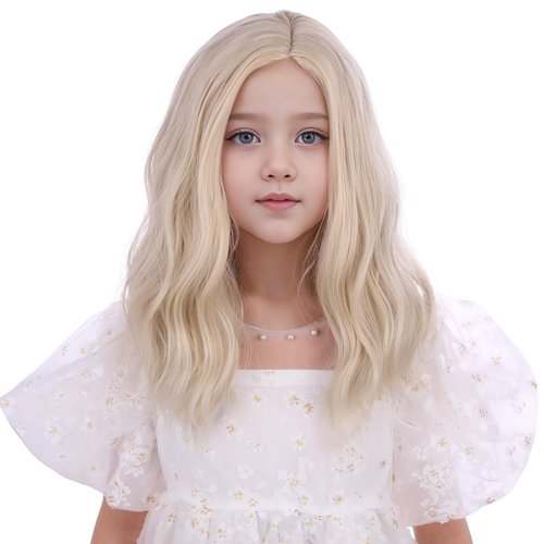 Edivd Kids Light Blonde Wig Short Blonde Side Part Wig for Girls Short Light Blonde Curly Wavy Wig for Child Heat Resistant Synthetic Wig with Wig Cap