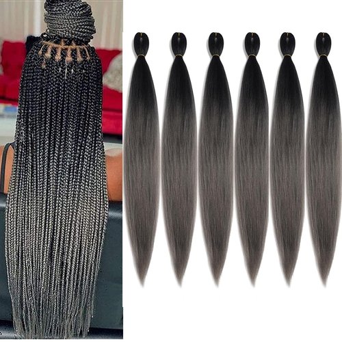 BALINGHAIR Pre-Stretched Braiding Hair Extensions High Temperature Kanekalon Braids Hair 28 Inch Ombre Black to Dark Grey(B35-6Packs)