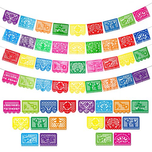 4 Packs Mexican Party Banner 60 Feet Fiesta Banner Plastic Papel Picado Banner Cinco de Mayo Dia De Los Muertos Decor Day of the Dead Decorations Mexican Fiesta Themed Party Decorations Supplies