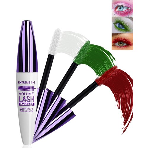 5D Colored Mascara for Eyelashes-3 Colors White Red Green Longlasting Waterproof Colorful Volumizing Tubing Mascara Volume and Length, Voluminous Curling Fiber Mascara for Women Cosplay Eye Makeup