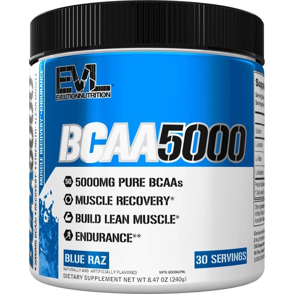 Evlution EVL BCAAs Amino Acids Powder - BCAA Powder Post Workout Recovery Drink and Stim Free Pre Workout Energy Drink Powder - 5g Branched Chain Amino Acids Supplement for Men - Blue Raz
