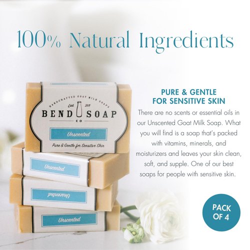 Bend Soap Company All Natural Goat Milk Soap - Paraben and GMO Free - Handmade in USA - Soothe Cracked Skin, Relax and Exfoliate - Overall Dry Skin Relief (Unscented, 4 Pack of 4.5oz)…
