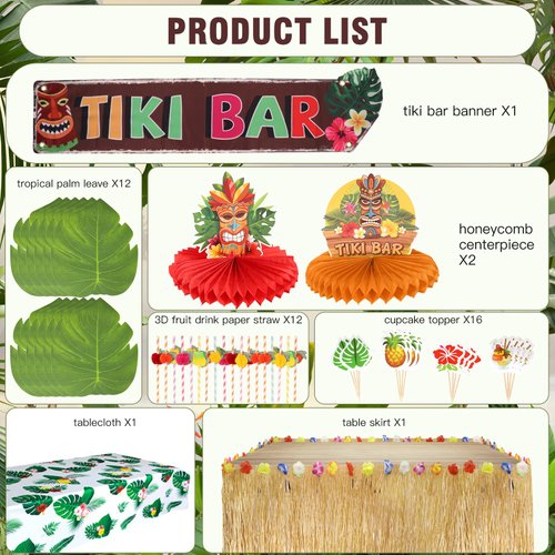 Auihiay Tropical Party Decorations, Luau Party Supplies Include Table Skirt, Tablecloth, Tiki Banner, Straws, Palm Leaves, Cupcake Toppers, Honeycomb Centerpieces, Hawaiian Themed Party Decorations