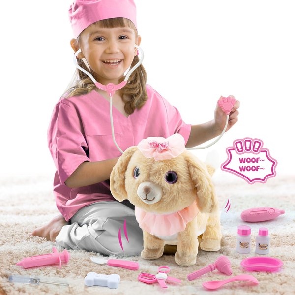 Airbition Interactive Toys Electronic Plush Dog for Girls, Pretend Play Doctor Kit with Dress Up Costume, Remote Control Puppy Sing, Walk, Nod, Bark, Wag Tail, Gifts for 2 3 4 Years Old Kids Toddlers