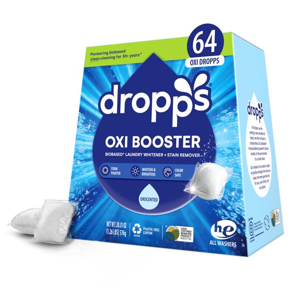 Dropps Oxi Booster Pods, Unscented (64 Count) - Chlorine-Free Bleach Alternative Biobased Laundry Whitener & Stain Remover
