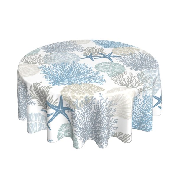 Nautical Coastal Tablecloth Round 70 Inch Summer Beach Starfish Coral Seashell Print Decorative Table Cloth Table Cover with Waterproof Wrinkle Resistant Fabric for Home Kitchen Dining Patio