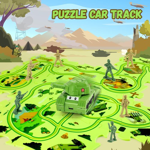 Youlechen Puzzle Track wiht Tank Toy Army Figures Race Car for Kids Age 3-5, Plastic Puzzle Track wiht Vehicle for Toddlers 4 5 6 7 Year Old, Military Figure Toy for 3 4 5 6 7 8 Year Olds Kids
