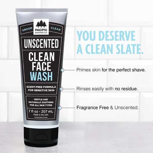 Pacific Shaving Company Clean Facial Wash - Unscented Gentle Face Cleanser with Sea Salt & Aloe Vera - Hydrating Men's Face Wash for Sensitive Skin (7 Oz)