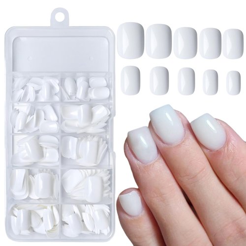 AddFavor 240pcs Press on Nails Short Glossy White Fake Nails Short Square Full Cover Acrylic Artificial Glue on Nails Kit for Women and Girls