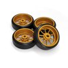 Abendor 10 Spoke Rc Drift Wheels &Tires for 1/24 1/28 Wltoys, [2N+2W] 4 Pcs Aluminum Alloy Rims with Rc Drift Car Tires for 1/24 1/28 Mini-Q HGD1 HGV1 Upgrade Parts (Gold with Logo Tires)