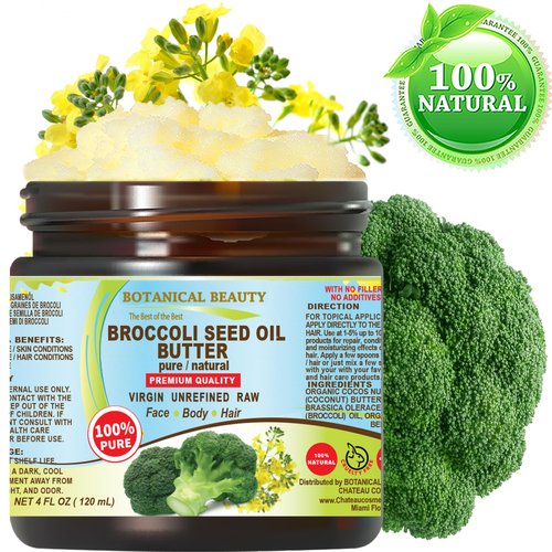 Botanical Beauty BROCCOLI OIL BUTTER 100% Pure Natural VIRGIN UNREFINED Cold-Pressed 4 Fl oz 120 ml for Face, Skin, Body, Hair, Lip, Nails. Rich in Vitamin C, Vitamin E, Omega 3, Omega 6