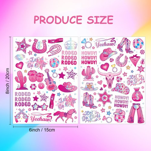 Qpout 144pcs Glitter Cowgirl Temporary Tattoos Decorations,Western Pink Disco Horse Rodeo Yeehaw Face Fake Tattoos Pink Cowgirl Temporary Tattoos Bachelorette Let's Go Girls Party Supplies