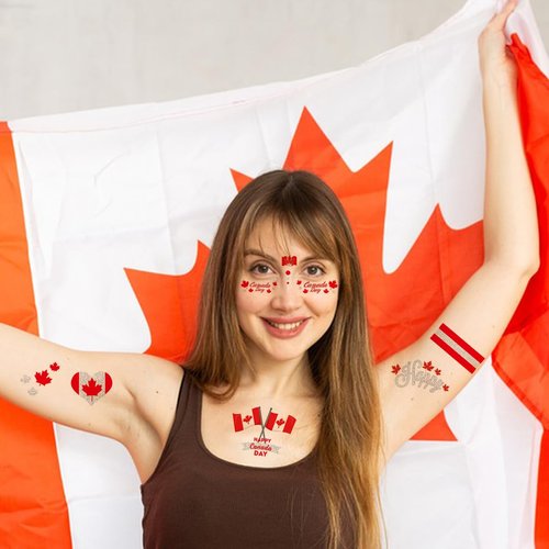 Canada Day Temporary Tattoos, Canada Flag Face Tattoo Stickers Red White Design Flag Maple Leaf Sports Temporary Face Tattoos Stickers for Kids Girls Adults Carnival Party Festival Gifts 10 Sheets