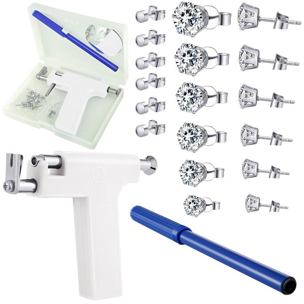 Stainless Steel Body Ear Piercing Tool Set Ear Nose Navel Piercing Machines with 12 Pairs Stainless Steel Stud Earrings for Salon Home Use (White)