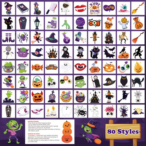 MDDRUIQI Glow Halloween Tattoos for Kids - Halloween Party Favors - Halloween Tats Stickers - Halloween Games Treats Toys Bulk - Halloween Gifts Crafts Party Supplies | Goodie Bag Fillers(80 Style)