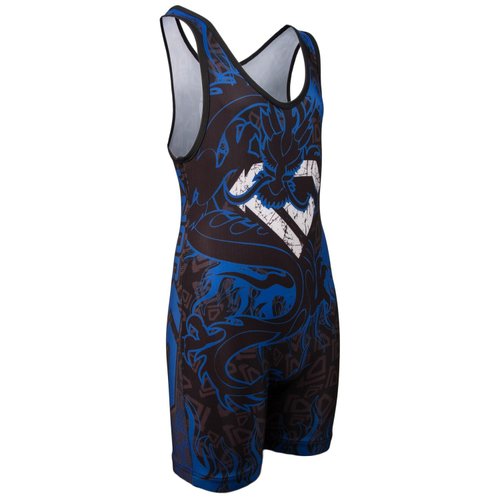 KO Sports Gear - Unisex Wrestling Singlet (Blue Dragon, Youth Medium)