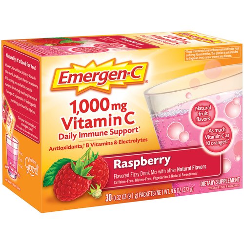 Emergen-C (30 Count, Raspberry Flavor, 1 Month Supply) Dietary Supplement Fizzy Drink Mix with 1000mg Vitamin C, 0.32 Ounce Packets, Caffeine Free