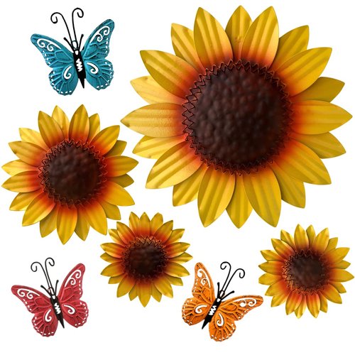 INNOBOUTIQUE Sunflower Wall Decor - Patio Sunflower Kitchen Decor Flower Wall Decor Outdoor Metal Wall Art Metal Flowers, Butterfly Decor 7 pieces