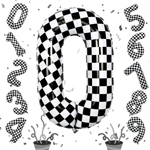 40 Inch Black and White Checkered 0 Balloon, Foil Number 0 Balloons Decor, Giant Self Inflating Helium 0 Racing Balloons for Boys Girls Birthday Race Car Flag Baby Shower Party Decorations Supplies