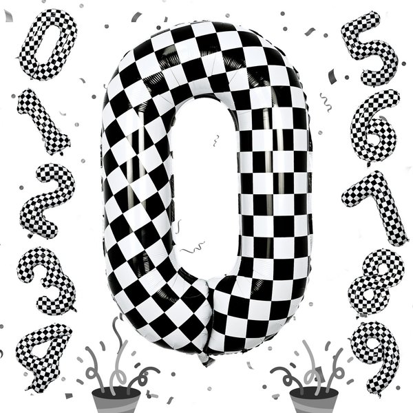 40 Inch Black and White Checkered 0 Balloon, Foil Number 0 Balloons Decor, Giant Self Inflating Helium 0 Racing Balloons for Boys Girls Birthday Race Car Flag Baby Shower Party Decorations Supplies