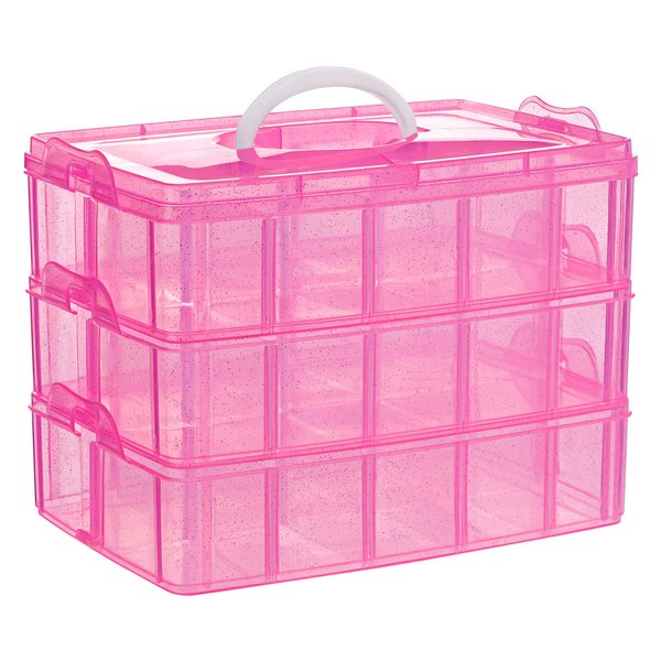 SGHUO 3-Tier Pink Craft Storage Container, Stackable Organizer Box with Dividers for Art Supplies, Beads, Washi Tapes, Seed, Hair Accessories, Nail, 9.5X6.5X7.2in
