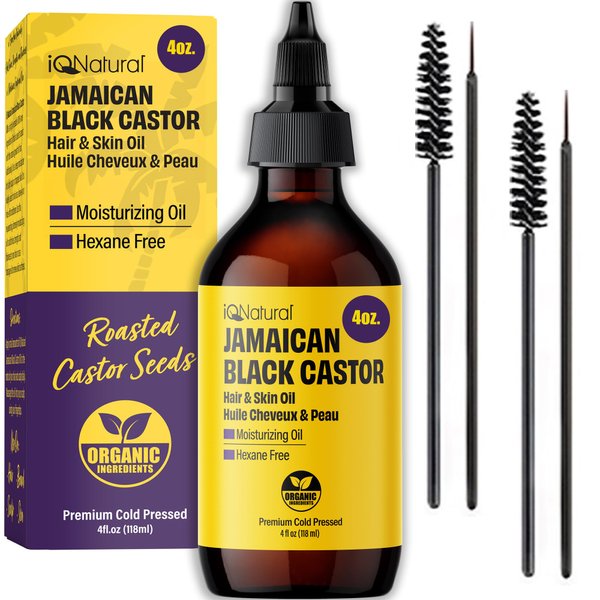 IQ Natural Jamaican Black Castor Oil for Eyelashes and Eyebrows, Jamaican Black Castor Oil Organic Cold Pressed Hexane Free, Castor Oil Eyelash Growth, Castor Oil Eyebrow Growth, – 4oz + 4 Brushes