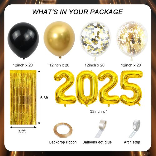 AIBIIN 89pcs 2025 Happy New Year Decorations Kit New Years Eve Party Supplies Black and Gold Party Decorations for Happy New Year Party Decoration
