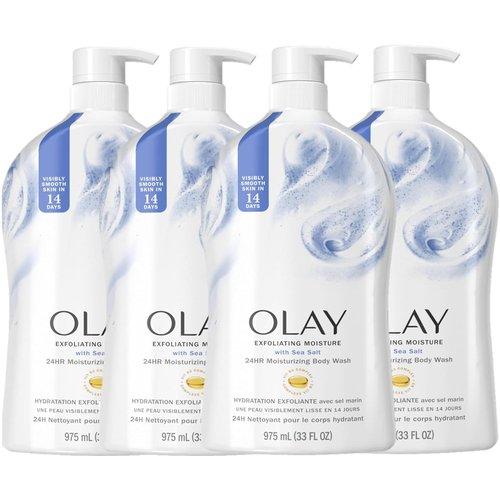Olay Exfoliating Body Wash for Women with Sea Salt & Vitamin B3, 33 fl oz (Pack of 4)