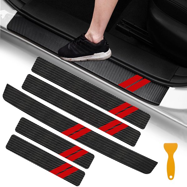 YOSRTER 5PCS Door Sill Guard Decoration Stickers for Dodge Charger Challenger Durango Journey Universal Fit to All Dodge Cars Fiber Leather Door Sill Protector (Red Trim)