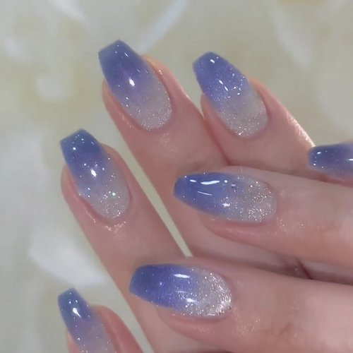 IFMOPETY Glossy Blue Galaxy Long Coffin Press On Nails，Blue Gradient Cat Eyes，Reusable Pretty Jelly Blue Nails for Daily Life，False Nails Set in 12 Sizes - 24 pcs Nail Kit