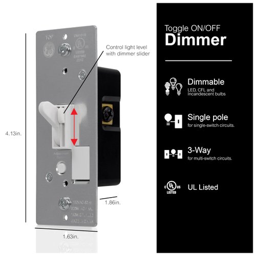 GE Single Pole Dimmer Toggle Switch, On/Off/Dim Settings, for Dimmable LED, CFL and Incandescent Bulbs, DIY Project, UL Listed, White, 18025
