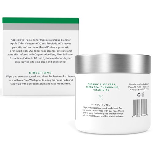 Apple Cider Vinegar Face Toner Pads - Exfoliating Toner for Women, Men, Teens, Prevents Irritation, Soothes - All Skin Types - Hydrating Toner for Face, Probiotic Extract, Aloe, Green Tea - Pack of 2