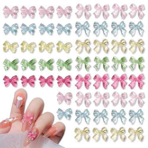 100 Pcs Bow Nail Charms, CYHYII 3D Clear Jelly Mix Color Resin Bow Nail Art Gems Accessories for Women Girls Nail Decorations DIY Craft Jewelry (2 Styles)