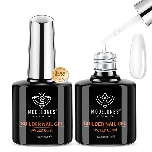 modelones Builder Nail Gel, 2 Pcs Clear Gel Builder for Nail Thickening, Nail Strengthener Apex Building Extension Gel Rhinestone Nail Glue Gel in a Bottle, 7-in-One LED Nail Lamp Cured Hard Gel 10ml