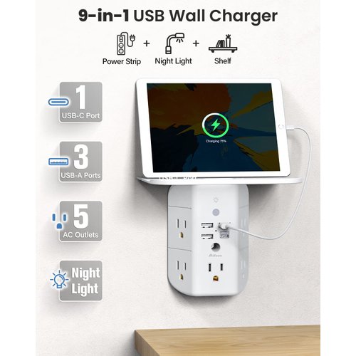 Wall Outlet Extender with Shelf and Night Light,Surge Protector,USB Wall Charger with 5 AC Outlets and 3 USB Ports 1 USB C Outlet Wide Space 3-Sided Power Strip Multi Plug Outlets…
