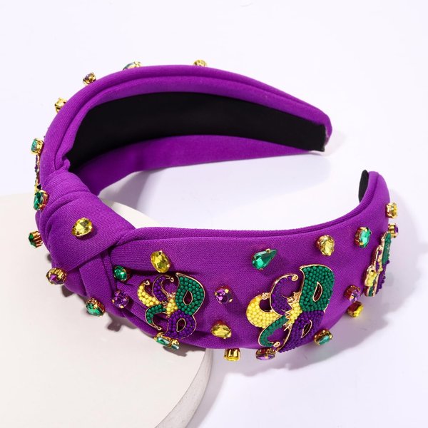 mokkia Mardi Gras Headband Accessories for Women Glitter Mask Headband Purple Jeweled Rhinestone Crystal Knotted Headband Fat Tuesday Carnival Headwear Mardi Gras Outfits Parade Party Gift (Mask B)