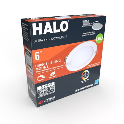 HALO HLB 6 Inch Canless Ultra-Thin Recessed Lighting LED Wafer Light for Ceiling and Shower, 1 Pack, 5 Selectable Color Temperatures, 1025 Lumens, Wet Rated, UL Certified, Energy Star