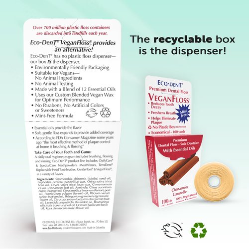 Eco-Dent VeganFloss Dental Floss, Waxed, Cinnamon - Floss with Vegan Plant-Based Wax, Recyclable Cardboard Packaging, 100 Yds (Pack of 6)