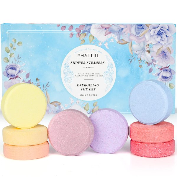 PHATOIL Shower Bombs, Variety Pack of 8 Shower Steamers Aromatherapy for Relaxation, Mother's Day Birthday Gift Set, Long-Lasting Scent Self Care Gifts for Women