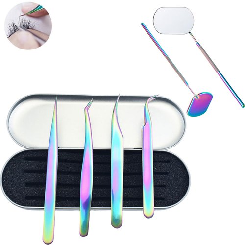 ZECNG DIY Eyelash Extension Clip and Lash Mirror Set, Rainbow Color Detachable Stainless Steel Eyelash Makeup Mirror 45°Angle Design Hand Mirror Eyelash Extensions Accessories for Lash Supplies