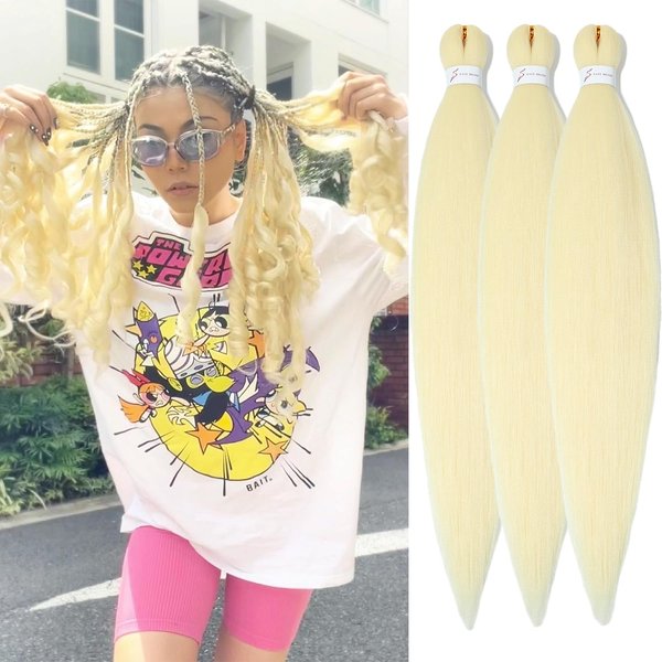 Blonde Braiding Hair Pre Stretched 26inch 3 Packs Braiding hair Extensions Synthetic Crochet Braids, Hot Water Setting Professional Soft Yaki Texture. (26inch(3Packs),613#)