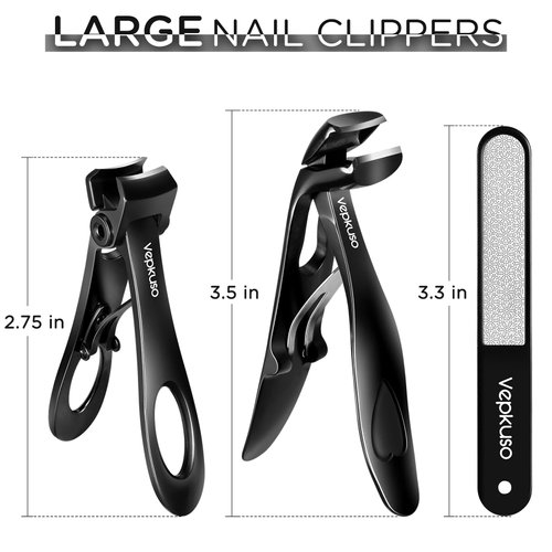 Vepkuso Nail Clippers for Seniors, Wide Jaw Fingernail Clippers and Angled Head Toenail Clippers for Thick Nail, Stainless Steel Professional Nail Cutter with File for Men, Women&Pregnant，Black