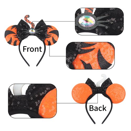 Lion Ears Headband Black&Orange Mouse Ears Headband for Women Velvet Hair Bow Headwear for Girls&Boys - Sequins Sparkle Hair Bands with Big Mouse Ears Essencial Accessories for Trip(Lionears)