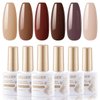 Gellen Chocolate Brown Gel Nail Polish Set, 10ml 6 Colors Coffee Brown Gel Polish Kit with Milky White Beige Polish Gel, No Wipe Soak Off Glossy UV Nail Polish Gel for DIY Nail Manicure Home Salon